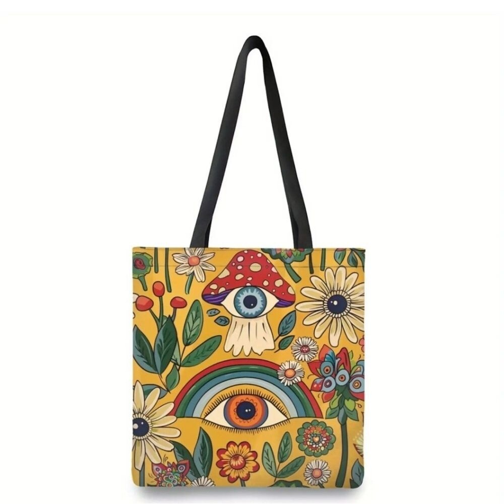 Rainbow mushroom eye floral tote bag